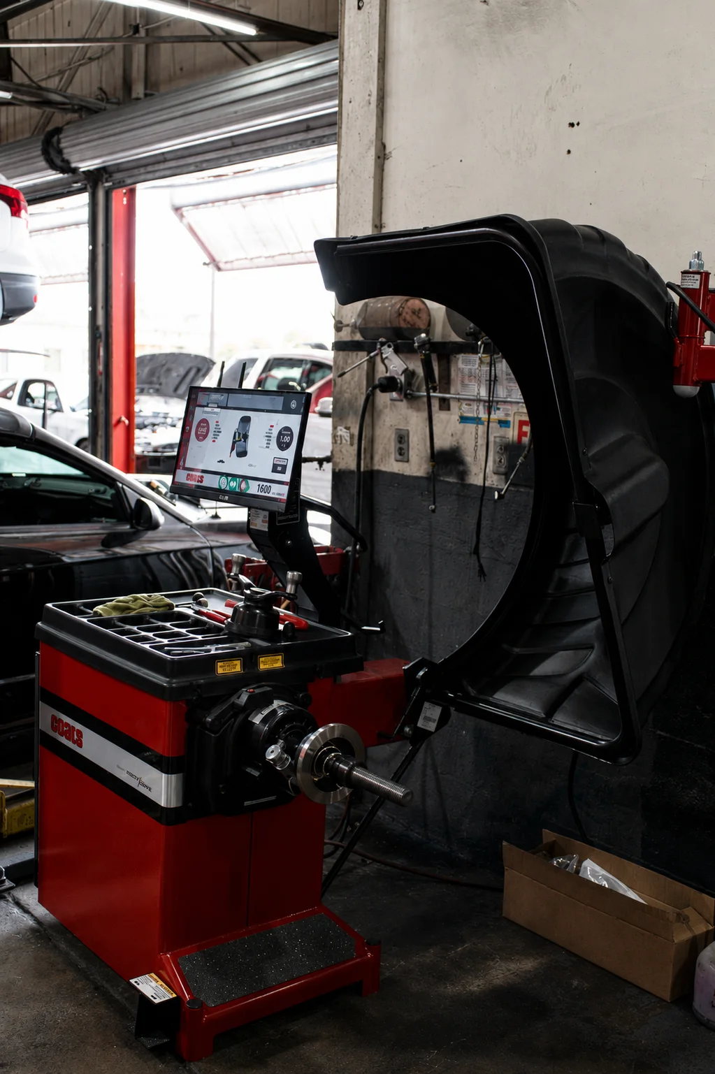 Wheel balancing equipment in the shop