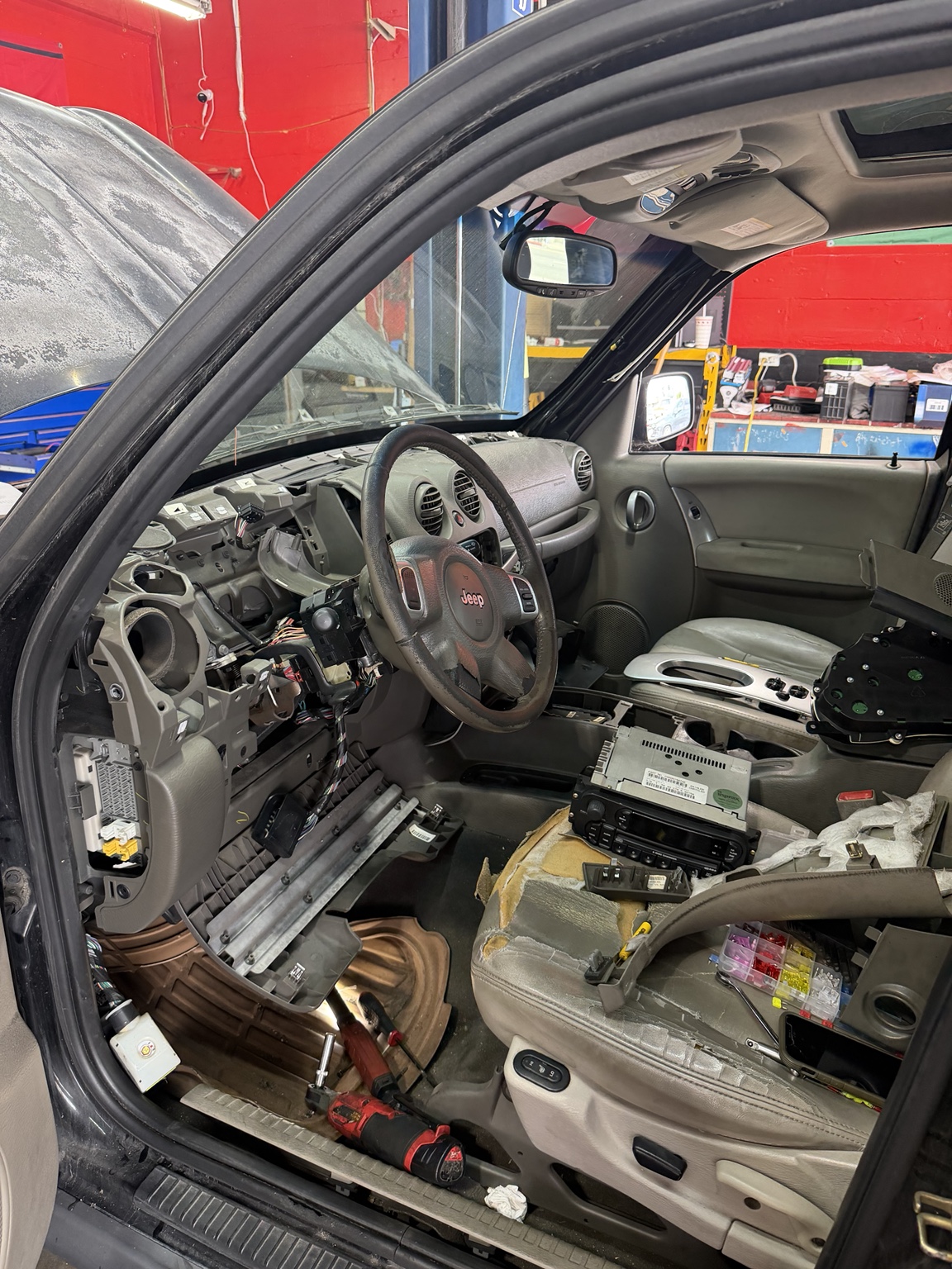 Jeep dash removed for electrical and HVAC access